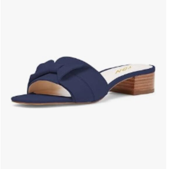YDN Navy Open Toe Low Heel Sandals Faux Suede Slide On Cute Bows Slippers - Picture 1 of 8